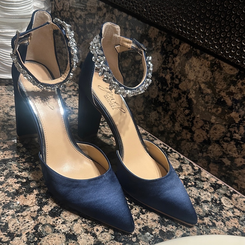 Badgley Mischka Navy Satin Heels with Crystal Embellishment